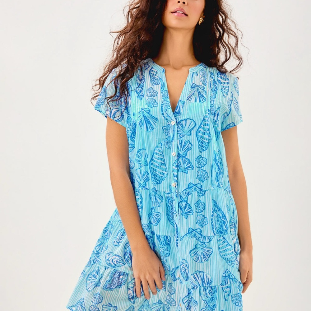 Lilly Pulitzer Féria Tiered Aqua Seashell Print Cover-Up